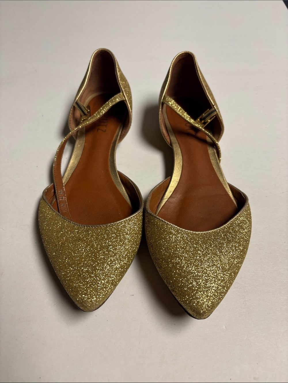 Schultz Gold Glitter Pointed D'Orsay Flats with Ankle Straps